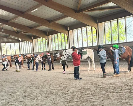 Kinder mit Pferden und Ponys in der Reithalle